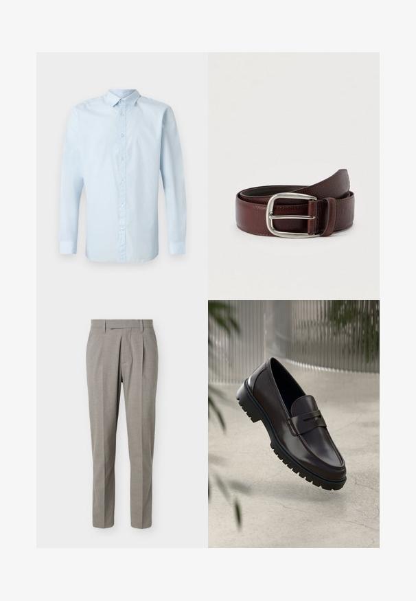 Camisa de manga larga azul claro hecha de tela suave, con frente de botones, cuello estándar y puños abotonados.; Pantalones grises claros a medida con piernas rectas, trabillas para cinturón, pliegues delanteros y una pretina limpia sobre un fondo blanco.; Mocasines de cuero marrón con una suela de goma texturizada y estriada. Presentan un diseño elegante y una correa decorativa sobre el empeine.; Cinturón de cuero marrón con acabado texturizado, con una hebilla metálica plateada y una sola trabilla para ajuste. Diseño tejido cerca de la hebilla.