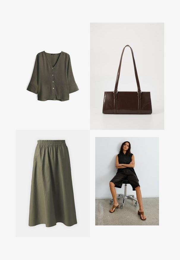 Olijfgroene V-hals blouse van gestructureerde stof, met drie knopen aan de voorkant en driekwart mouwen met brede manchetten.; Olivengroene, middellange rok met een geplooide elastische tailleband. Gemaakt van lichte stof met een gladde textuur en een eenvoudig ontwerp.; Vrouw met lang donker haar zit op een zwarte bureaustoel, draagt een zwart mouwloos topje, zwarte shorts tot op de knie en bruine sandalen met hak.; Bruine lakleren handtas met een rechthoekige vorm, twee lange handvatten en subtiele gebogen accenten aan de voorkant.