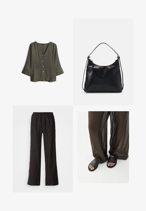 Olijfgroene V-hals blouse van gestructureerde stof, met drie knopen aan de voorkant en driekwart mouwen met brede manchetten.; Zwarte, loszittende broeken met een elastische tailleband en trekkoord. Gemaakt van een lichte stof met een gladde textuur en recht gesneden pijpen.; Voeten in zwarte slidesandalen gecombineerd met losse, doorschijnende bruine broek tegen een effen witte achtergrond.; Jonge vrouw met lang zwart haar zit op een houten blok, draagt een crèmekleurige outfit en houdt een zwarte leren schoudertas over haar borst.