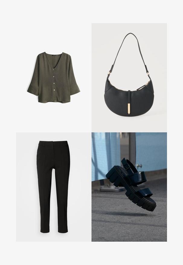 Olijfgroene V-hals blouse van gestructureerde stof, met drie knopen aan de voorkant en driekwart mouwen met brede manchetten.; Zwarte op maat gemaakte broeken met een slim fit, rechte voorkant en geen zichtbare zakken, met een gladde textuur en een nette afwerking aan de zoom.; Zwarte chunky platform sandaal met twee banden en gesp, zwevend in de lucht boven grijze bestrating en een blauwe stoffen achtergrond.; Zwarte handtas in halve maanvorm met een enkele band, gouden rits en een gouden rechthoekige decoratieve tab aan de voorkant.