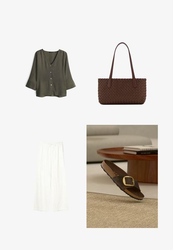 Blouse vert olive à col en V en tissu texturé, dotée de trois boutons sur le devant et de manches trois quarts avec larges poignets.; Pantalon blanc à jambes larges avec taille élastique et cordon de serrage, en tissu léger.; Sandale slide en daim marron avec une grande boucle dorée, une semelle intérieure en liège et une semelle noire sur fond de tapis beige et de table basse en bois.; Sac à main en cuir marron avec un motif tissé, avec deux longues anses fines pour un port à l'épaule.