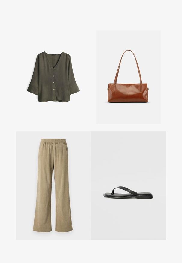 Olivengrünes V-Ausschnitt-Bluse aus strukturiertem Stoff, mit drei Knöpfen auf der Vorderseite und Dreiviertelärmel mit breiten Manschetten.; Beige Corduroy-Hosen mit weitem Bein und elastischem Bund, mit vertikalem Rippstruktur und lockerer Passform. Ideal für die Freizeit.; Schwarze Flip-Flops aus glattem Leder, mit einem dünnen Riemendesign und einer flachen Sohle mit minimalem Profil. Keine bemerkenswerten Muster oder Akzente.; Rechteckige braune Lederhandtasche mit zwei langen Schulterriemen, glattem glänzendem Finish und minimalistischem Design vor einfarbigem Hintergrund.
