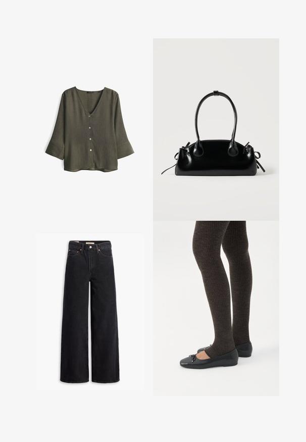 Blouse vert olive à col en V en tissu texturé, dotée de trois boutons sur le devant et de manches trois quarts avec larges poignets.; Jean noir à jambe large en denim, comportant cinq poches, des rivets en laiton et une fermeture à bouton classique. Texture lisse avec un design épuré.; Jambes portant des leggings côtelés foncés associés à des ballerines noires avec de petits détails en nœud sur fond blanc.; Petit sac à main noir brillant avec deux longues anses et des détails à cordon sur les côtés sur un fond clair uni.