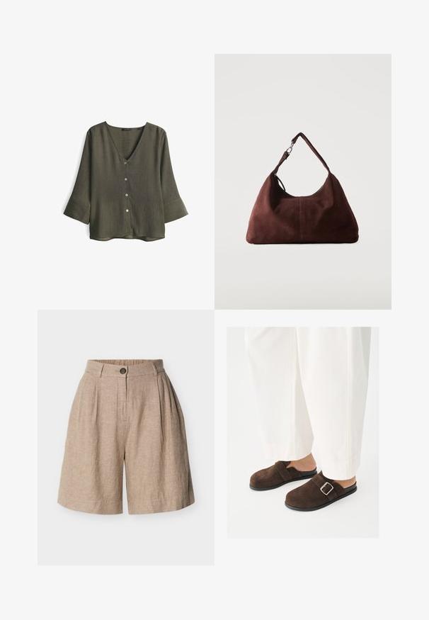 Olijfgroene V-hals blouse van gestructureerde stof, met drie knopen aan de voorkant en driekwart mouwen met brede manchetten.; Beige linnen shorts met hoge taille, plooien, een enkele knoopsluiting en riemlussen, afgebeeld tegen een effen witte achtergrond.; Persoon draagt witte broek en donkerbruine suède instappers met een zilveren gesp, staand op een effen witte ondergrond.; Zachte bruine suède schoudertas met een enkele riem en zilverkleurige metalen accenten op een effen lichte achtergrond.