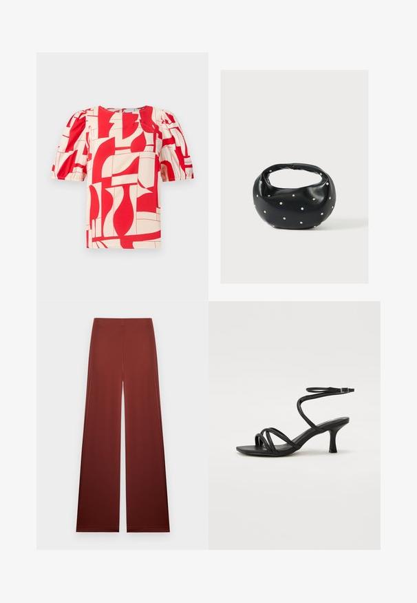 Blusa corta de manga corta en rojo y crema con un atrevido estampado geométrico. Presenta mangas abullonadas y un escote redondo, fabricada con una tela suave.; Pantalones de pierna recta y cintura alta en color marrón óxido sólido, con una pretina lisa y sin cierres ni bolsillos visibles.; Even&Odd Wide Fit by Zalando Sandalias - black; Bolso de mano de cuero negro con forma redondeada, decorado con detalles de tachuelas plateadas y un asa corta. Textura lisa y cierre con cremallera.