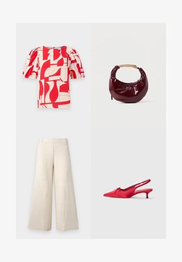 Blusa corta de manga corta en rojo y crema con un atrevido estampado geométrico. Presenta mangas abullonadas y un escote redondo, fabricada con una tela suave.; Pantalones beige de pierna ancha con trabillas, cintura alta y corte suelto y recto, confeccionados en tela texturizada.; Tacones de satén rojo tipo slingback con punta afilada y tacón kitten bajo. Presentan un pequeño lazo decorativo en la parte superior. Textura suave.; Bolso de mano de piel sintética burdeos con forma redondeada, detalles fruncidos y un asa de metal dorado. Textura suave y acabado brillante.