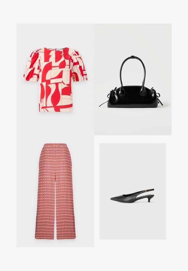 Blusa corta de manga corta en rojo y crema con un atrevido estampado geométrico. Presenta mangas abullonadas y un escote redondo, fabricada con una tela suave.; Pantalones culotte rojos con un diseño de diamantes, cintura elástica y silueta de pierna ancha para comodidad y facilidad de movimiento.; Zapato de tacón slingback negro de punta afilada, hecho de cuero suave. Presenta un tacón delgado y un detalle de hebilla en la correa ajustable.; Pequeño bolso negro brillante con dos asas largas y detalles de cordón lateral sobre un fondo claro liso.