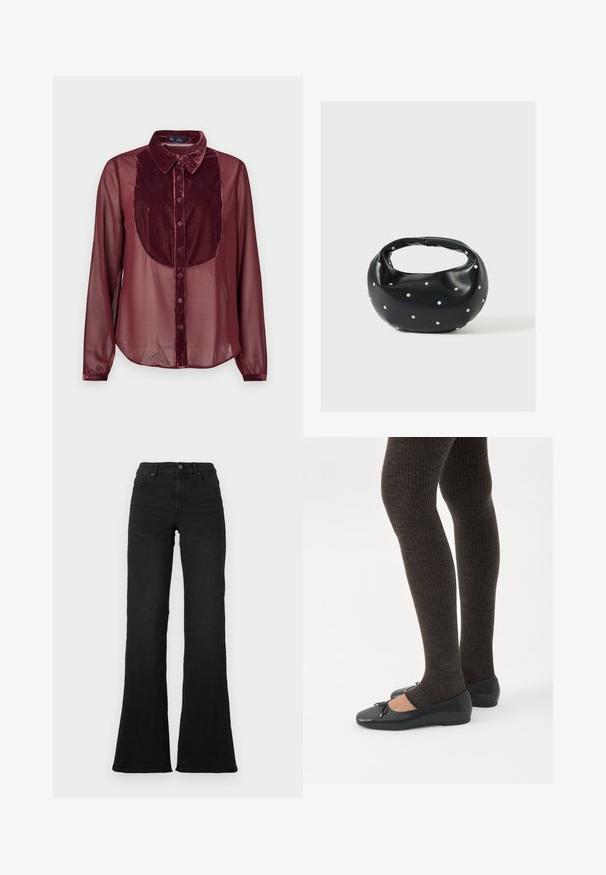 Chemise bordeaux avec un panneau avant en velours et des manches longues transparentes. Présente un col, une fermeture à boutons et une texture douce.; Jean noir à taille haute évasée avec poches avant, passants de ceinture et fermeture à bouton sur fond blanc.; Jambes portant des leggings côtelés foncés associés à des ballerines noires avec de petits détails en nœud sur fond blanc.; Sac à main en cuir noir de forme arrondie, décoré de clous argentés et équipé d'une poignée courte. Texture lisse et fermeture éclair.