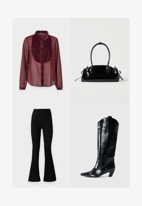 Bordeauxrotes Hemd mit einem samtigen Vorderteil und transparenten langen Ärmeln. Verfügt über einen kragenbesetzten Hals, eine Knopfleiste und eine weiche Textur.; Pepe Jeans FLARE CONTOUR - Flared Jeans - black denim; Schwarze kniehohe Stiefel aus Leder mit spitzem Zeh, niedrigem Absatz und dekorativen Nähten an den Seiten. Glatte, glänzende Oberfläche.; Kleine schwarze glänzende Handtasche mit zwei langen Griffen und seitlichen Kordelzug-Details vor einfachem hellem Hintergrund.