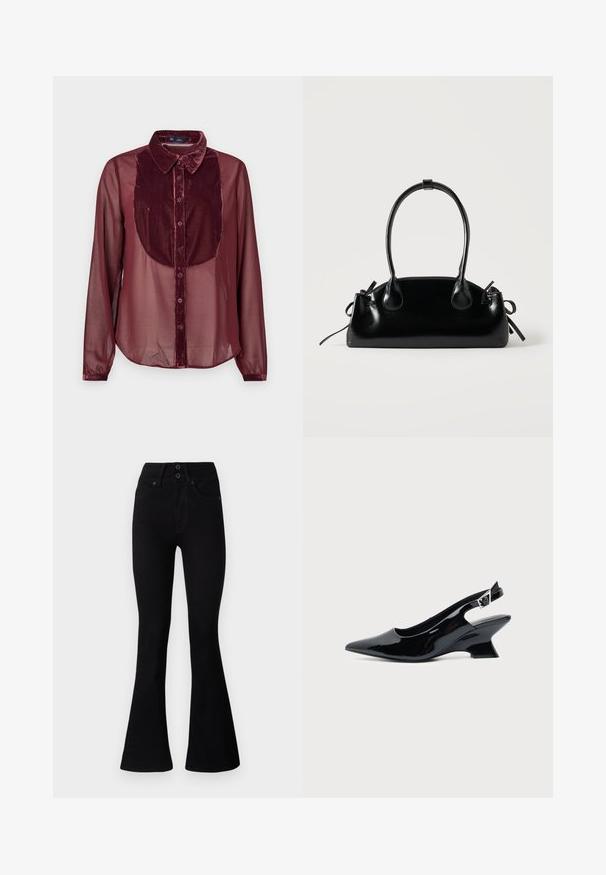 Bordeaux väike särk, millel on sametist esipaneel ja läbipaistev pikkade varrukatega. Omab kraepaneeli, nööpide sulgemist ja pehmet tekstuuri.; Pepe Jeans FLARE CONTOUR - Alt laienevad teksad - black denim; Mustast lakknahast slingback king, millel on terav nina ja madal kalle plokktald, ühtlase heleda taustaga.; Väike must läikiv käekott kahe pika sangaga ja külgedel paelakinnitustega, ühel lihtsal helel taustal.