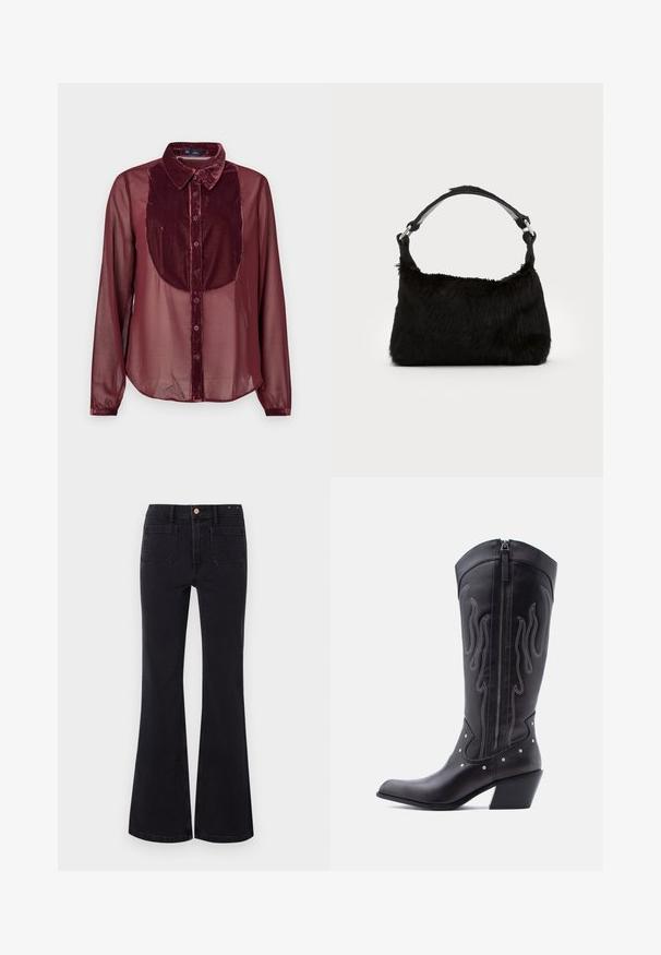 Burgundy paita dengan panel depan beludru dan lengan panjang transparan. Dilengkapi dengan kerah, penutupan kancing, dan tekstur lembut.; GAP FLARE TAYLORSON - Flared-farkut - basic black; Mustat nahkaiset cowboy-saappaat, joissa on terävä kärki, näkyvät tikkaukset, hopeiset niittikoristeet ja vetoketjusuljin saappaiden sisäsivulla.; Musta tekoturkishandbag, jossa on pehmeä rakenne, pyöreä muoto ja tukeva musta nahkaremmi. Hopeiset metalliosat näkyvissä.