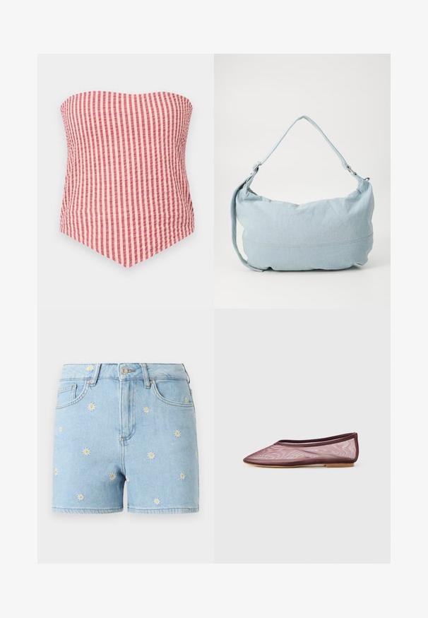 Top tube sans bretelles en tissu rose et beige à rayures verticales avec un ourlet pointu à l'avant.; Shorts en denim bleu clair avec des marguerites blanches et jaunes brodées, bouton frontal, fermeture éclair et design à cinq poches.; Ballet plat en maille bourgogne avec un bout pointu et une semelle fine, mettant en avant un design minimaliste et aéré.; Sac à dos en denim bleu clair de forme arrondie, avec une bandoulière ajustable et un subtil détail de couture le long du bas. Texture douce.