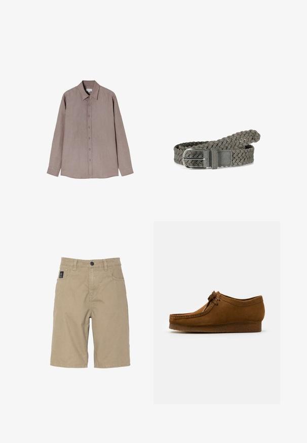 Chemise à manches longues dans une teinte brune douce, faite d'un tissu texturé. Dotée d'un col et d'une fermeture à boutons sur le devant avec des boutons gris.; Shorts cargo beige en coton avec fermeture par bouton, poches avant et écusson de marque sur le devant gauche, coupe droite.; Chaussure en daim marron avec un bout rond et un petit talon, dotée de coutures détaillées le long des coutures et d'un système de laçage à l'avant. Texture douce avec une conception épurée.; Ceinture en cuir tressé gris avec boucle en métal argenté, enroulée avec l'extrémité glissée à l'intérieur, présentée sur un fond blanc.
