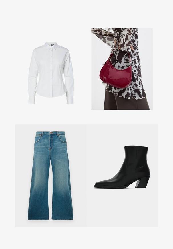 Chemise blanche à manches longues, col pointu et coupe ajustée. Fabriquée en tissu lisse avec un léger éclat.; Jeans en denim bleu taille haute avec jambes larges, poches avant, fermeture à bouton et dégradé de couleur usé allant de la taille à l'ourlet.; Bottine en cuir noir avec un bout pointu, une silhouette élégante et un talon carré massif. Texture lisse avec des détails de couture minimalistes.; Femme portant un chemisier à motif noir et blanc tenant un sac à main rouge brillant sur un fond uni.