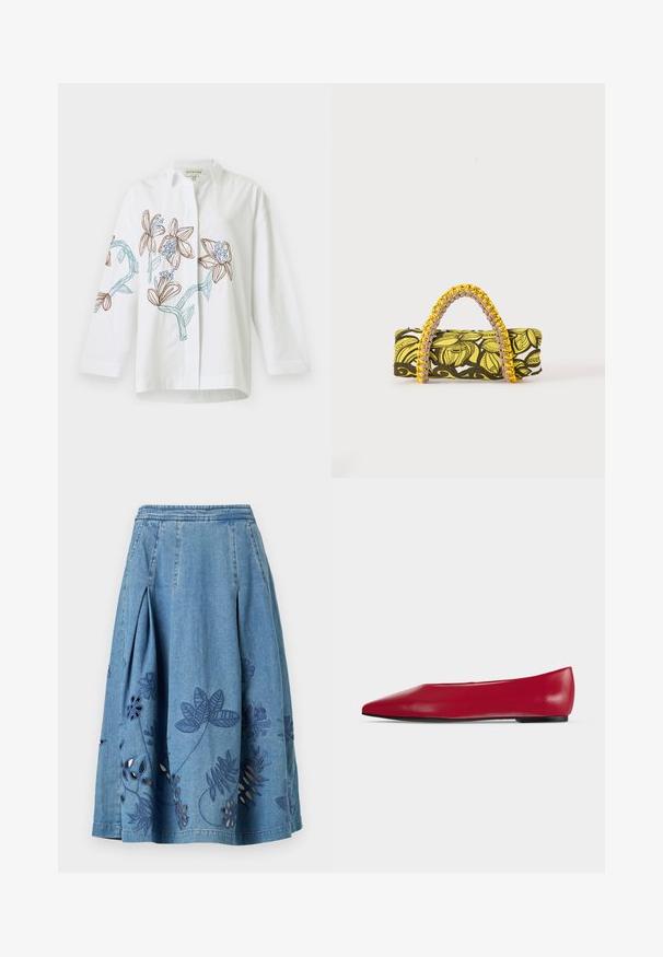 Chemise blanche à manches longues avec broderie florale marron et bleue sur le devant et les manches, dotée d'un col classique et d'une fermeture boutonnée.; Jupe en denim avec un design évasé, présentant des motifs floraux brodés en bleu et des découpes. Mi-longue et plissée à la taille.; Chaussure plate en cuir rouge à bout pointu, semelle noire et petit talon, vue de profil sur un fond clair uni.; Sac rectangulaire avec motif floral jaune et noir et anse tressée jaune et rose sur fond blanc.
