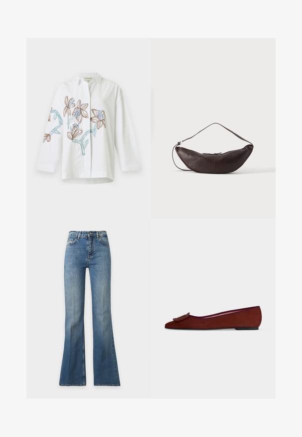 White long-sleeve shirt with brown and blue floral embroidery on front and sleeves, featuring a classic collar and button-down design.; Light blue high-waist denim jeans with flared legs, five-pocket style, and button closure, displayed on a plain white background.; Flat brown suede women's shoe with pointed toe and large decorative buckle on top against plain background.; Dark brown leather crescent-shaped shoulder bag with a curved strap and visible stitching on plain background.