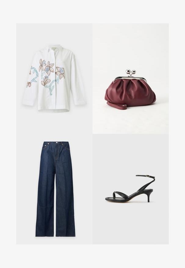 White long-sleeve shirt with brown and blue floral embroidery on front and sleeves, featuring a classic collar and button-down design.; Dark blue wide-leg denim jeans with front pockets, belt loops, and a button closure, displayed on a plain light background.; Black leather women's sandal with thin straps, a toe loop, ankle buckle, and a mid-height stiletto heel on a neutral background.; Small burgundy leather clutch purse with silver metal clasp and wrist strap on a white background.