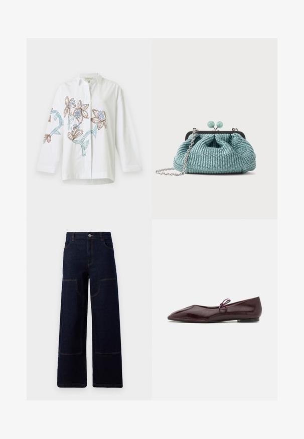 Chemise blanche à manches longues avec broderie florale marron et bleue sur le devant et les manches, dotée d'un col classique et d'une fermeture boutonnée.; Jean en denim large de couleur bleu foncé avec des poches plaquées à l'avant et des coutures oranges contrastantes, fermeture à bouton à la taille.; Ballerines en cuir verni bordeaux avec un bout pointu et un nœud décoratif violet sur le cou-de-pied ; design à semelle plate.; Petit sac pochette tissé bleu clair avec une chaîne argentée et une fermeture à boucle ronde sur le dessus.