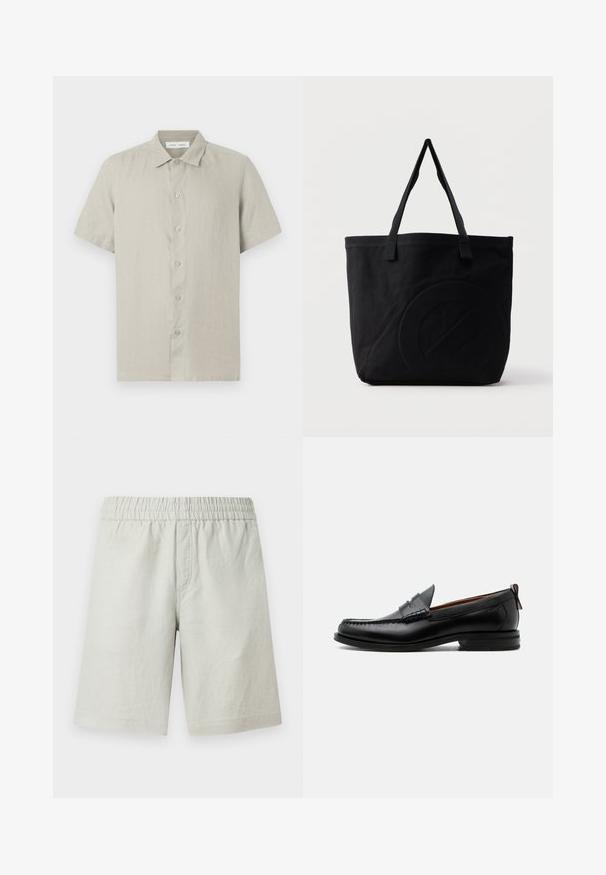 Chemise beige à manches courtes avec col, boutonnée sur le devant, en tissu léger, vue de face sur fond blanc.; Shorts gris clair en tissu texturé, avec une taille élastique et des poches latérales sur les coutures ; coupe droite.; Mocassin homme en cuir noir avec couture moc toe, bride penny, col texturé et petit talon empilé sur fond blanc.; Sac fourre-tout en toile noire avec deux bandoulières et un motif circulaire discret en relief sur le devant.