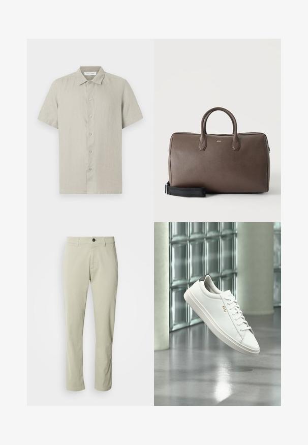 Beige kortærmet skjorte med knapper og krave, lavet af letvægtsstof, frontudsigt mod hvid baggrund.; Beige bomulds chinos med lige snit, lynlås og en enkelt knaplukning. Har bæltestropper og en glat tekstur.; Hvid læder lav-top sneaker med snørebånd, sort hælflig og "BOSS"-logo, svævende indendørs nær glasblok væg og poleret gulv.; Brun læder duffel taske med to håndtag, en sort justerbar skulderrem og et lille "BOSS" logo på fronten i midten.