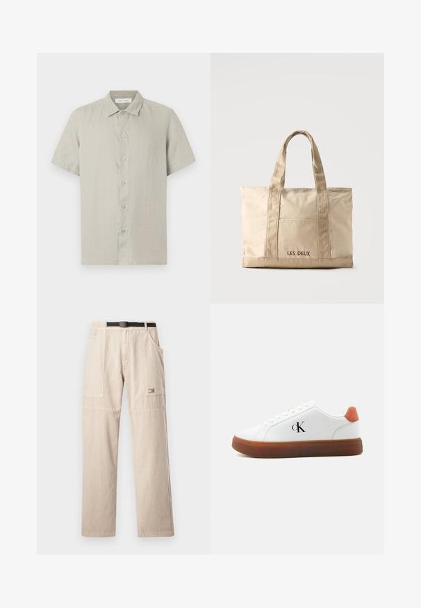Beige kortærmet skjorte med knapper og krave, lavet af letvægtsstof, frontudsigt mod hvid baggrund.; Beige cargobukser med lige ben, der har bæltestropper, store sidelommer og et lille mærke med mærkenavn på venstre lår. Bomuldsmateriale.; Hvid lavt snøresneaker med brun sål, orange hælstrop, snørebånd og "cK" logo på siden.; Beige lærredstaske med to håndtag og en forlommer, "LES DEUX" broderet på lommen.