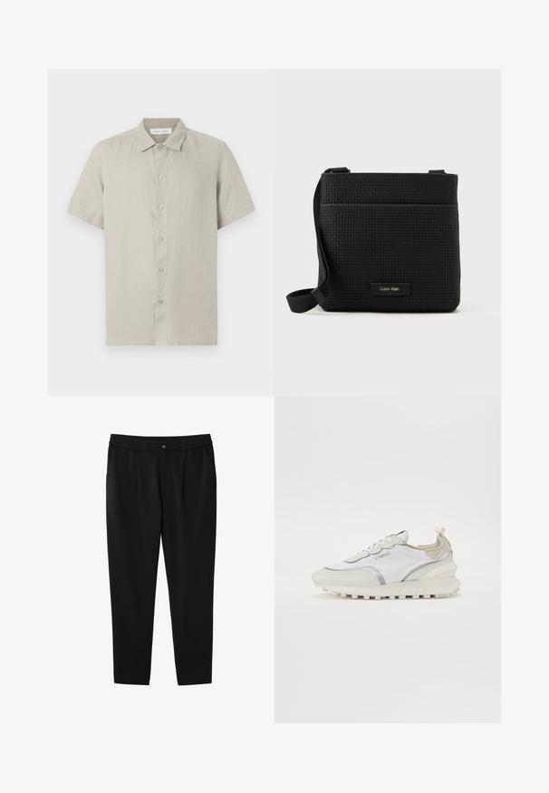 Beige kortærmet skjorte med knapper og krave, lavet af letvægtsstof, frontudsigt mod hvid baggrund.; Sorte smalle bukser med elastik i taljen, forknap, sidelommer og læg under taljen.; Hvide sneakers med en kombination af glatte og teksturerede materialer. Har et sølvfarvet accent, snørebåndsdesign og en tyk, robust sål.; Sort vævet crossover taske med justerbar rem, der har en frontlomme og et lille mærke. Glat, struktureret overflade.