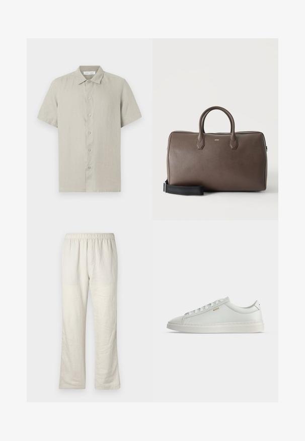 Chemise beige à manches courtes avec col, boutonnée sur le devant, en tissu léger, vue de face sur fond blanc.; Pantalons en lin léger beige avec taille élastique, coupe droite, et sans poches ni fermetures visibles.; Baskets basses blanches en cuir avec lacets, semelle plate et petit logo doré "BOSS" sur le côté, vues de l'extérieur.; Sac de sport en cuir marron avec deux poignées, une bandoulière noire réglable et un petit logo "BOSS" au centre à l'avant.