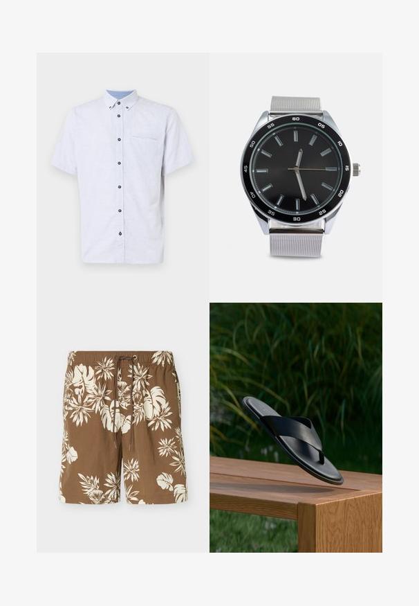 Kortærmet skjorte med knapper i hvid med marinedesign i geometrisk mønster, kontrasterende krave og en enkelt brystlomme med sorte knapper.; Brune badeshorts med hvidt tropisk blomsterprint og justerbar snøre i taljen.; Sort læder slide sandal med krydsede remme, svævende over en træbænk udendørs med grønt løv i baggrunden.; Rund ur med en sort skive, sølv timeindikatorer og sølv mesh rem. Har et sølv urkasse og en sort bezel med minutmærker.