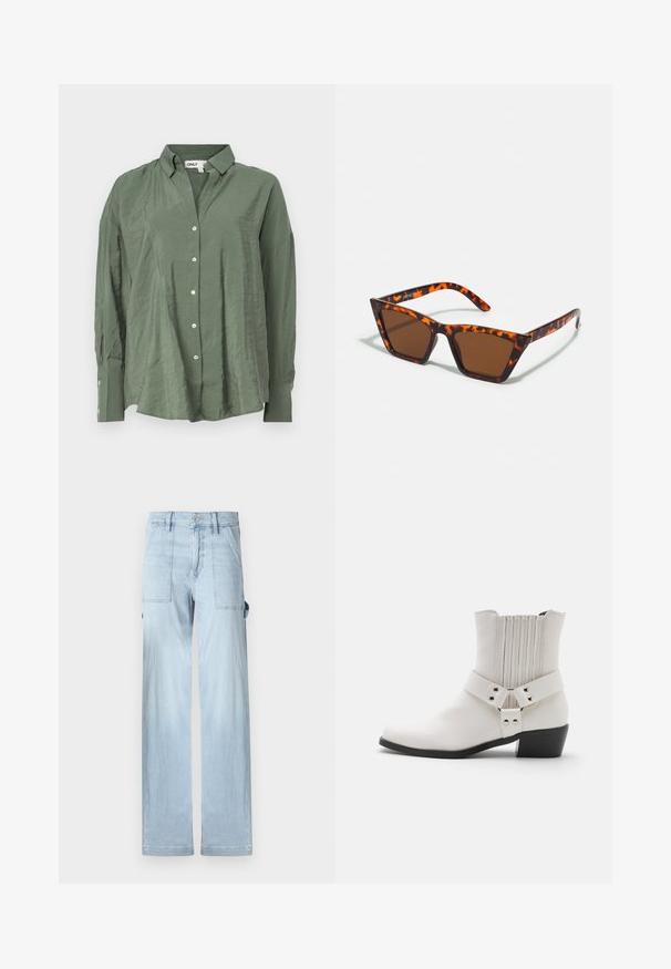 Grøn, krave-button-up skjorte i let stof med en let rynket tekstur. Har lange ærmer og hvide knapper foran.; Lyseblå denim cargo bukser med et lige ben-design, forlommer og sidelommer. Stoffet har en subtil falmet tekstur.; Hvide læder ankelstøvler med en let spids tå, rynket rygdetalje og en bred rem med spændehardware over anklen.; Brune tonede solbriller med et skildpadde-mønster, vinklede stel og slanke arme. Letvægts plastmateriale.