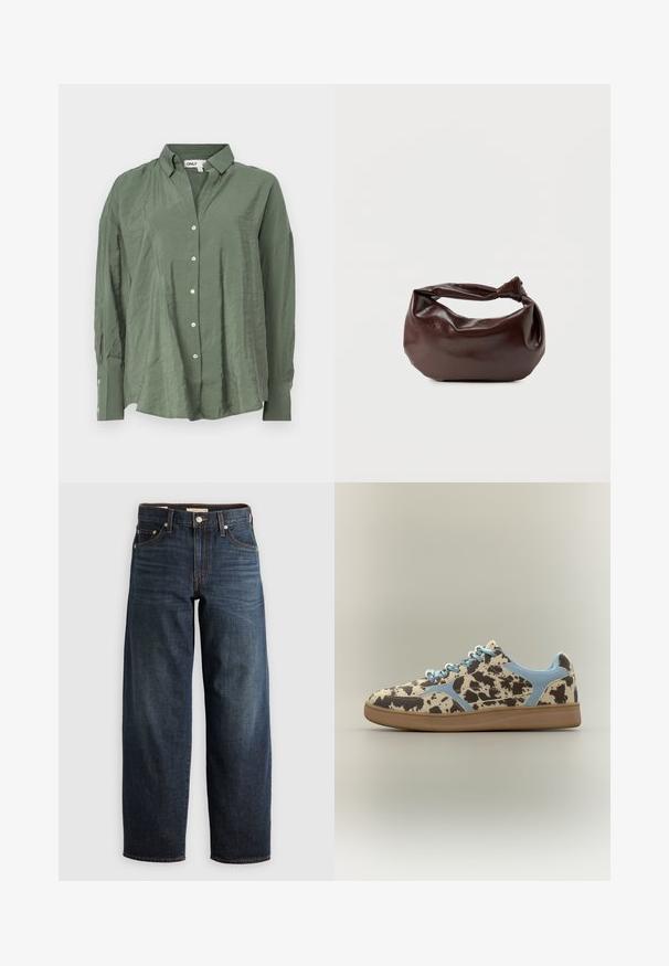 Camisa verde de botonadura con cuello, en tejido ligero y con una textura ligeramente arrugada. Tiene mangas largas y botones blancos en la parte delantera.; Jeans oscuros de denim, con un diseño de pierna recta, estilo de cinco bolsillos, y acentos de costura superior con cierre de botón.; Zapatilla baja con estampado de vaca en marrón y beige, detalles en azul claro, cordones azul claro y suela marrón clara sobre un fondo neutro.; Bolso de hombro de cuero marrón oscuro con una forma suave y caída, y un asa con nudo torcido sobre un fondo blanco liso.