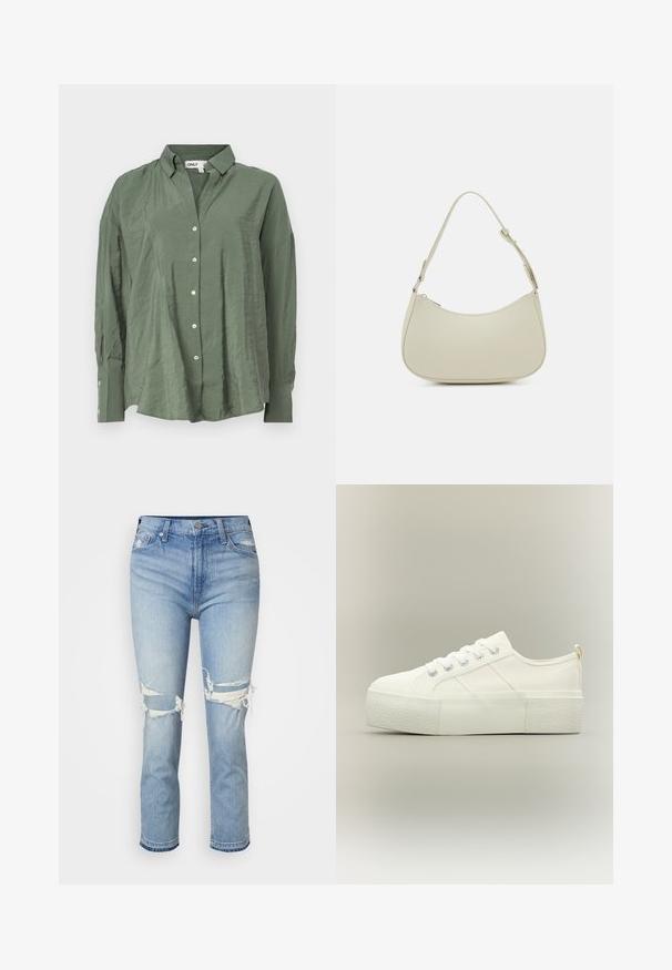 Grøn, krave-button-up skjorte i let stof med en let rynket tekstur. Har lange ærmer og hvide knapper foran.; GAP Petite CHEEKY PALDER - Jeans Straight Leg - medium blue; Hvid platform sneaker med tyk struktureret sål, snørelukning foran og subtile syningsdetaljer på en neutral baggrund.; Pieces PCALUANA SHOULDER BAG - Håndtasker - birch