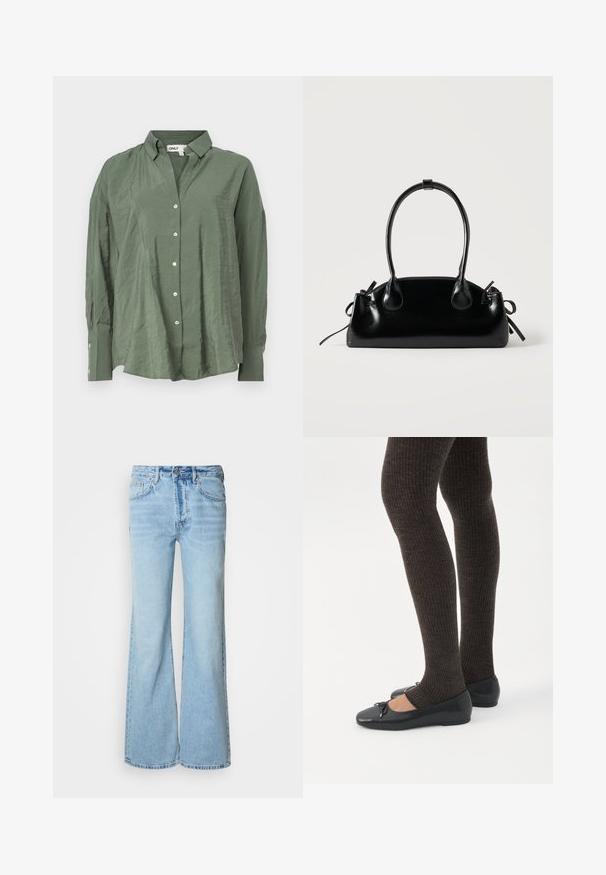 Grøn, krave-button-up skjorte i let stof med en let rynket tekstur. Har lange ærmer og hvide knapper foran.; Lyseblå jeans med flared ben, lavet af denim, med knapper foran, fem lommer og diskret falmet effekt.; Ben iført mørke ribbede leggings kombineret med sorte balletsko med små sløjfedetaljer på hvid baggrund.; Lille sort blank håndtaske med to lange håndtag og snøre-detaljer i siden på en ensfarvet lys baggrund.