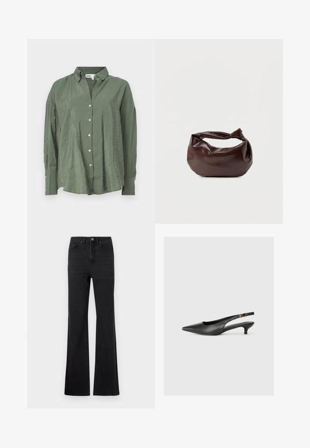 Grøn, krave-button-up skjorte i let stof med en let rynket tekstur. Har lange ærmer og hvide knapper foran.; Sorte højtaljede denim jeans med foran knap, bæltestropper og let udvidede ben mod en hvid baggrund.; Sorte spidse slingback-sko lavet af glat læder. Har en tynd hæl og en spænde detalje på den justerbare rem.; Mørkebrun læder skuldertaske med en blød, afslappet form og et snoet knudehåndtag på en ensartet hvid baggrund.