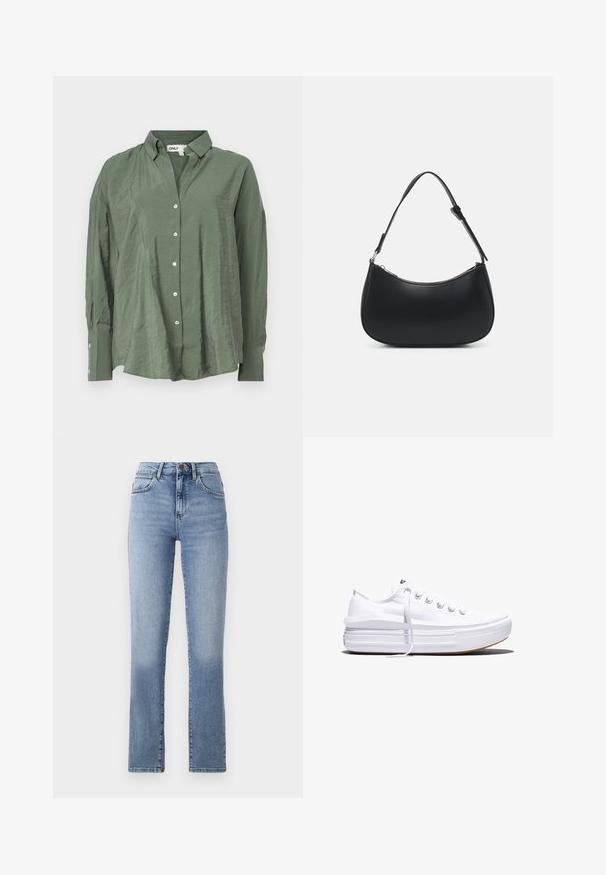Grøn, krave-button-up skjorte i let stof med en let rynket tekstur. Har lange ærmer og hvide knapper foran.; Blå denim straight-leg jeans med høj talje, med en bleget vask, standard for- og baglommer samt bælteløkker.; Hvid lavt snørestøvle med tyk plateau-sål, snørelukning foran og gummiforstærket tåkap, set i sideprofil.; Pieces PCALUANA SHOULDER BAG - Håndtasker - black