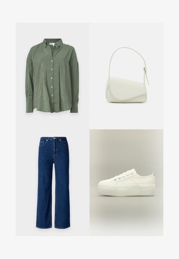 Camisa verde de botonadura con cuello, en tejido ligero y con una textura ligeramente arrugada. Tiene mangas largas y botones blancos en la parte delantera.; Pantalones vaqueros de pierna ancha en azul oscuro, con un diseño clásico de cinco bolsillos, costuras sutiles y un cierre de botón metálico en la cintura.; Zapatilla de plataforma blanca con suela gruesa y texturizada, cordones delanteros y detalles sutiles de costura sobre un fondo neutro.; Bolso de mano de imitación cuero blanco con una forma triangular estructurada, correa ajustable única y cierre con solapa acentuada en curva.