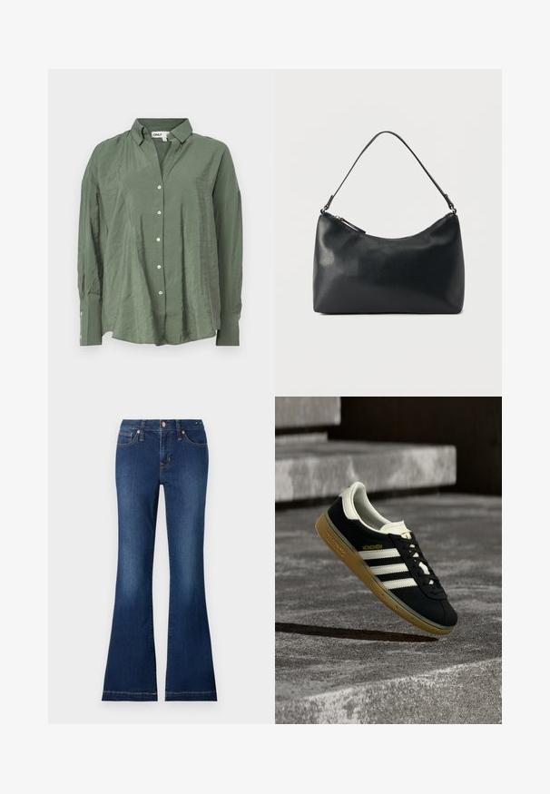 Grøn, krave-button-up skjorte i let stof med en let rynket tekstur. Har lange ærmer og hvide knapper foran.; Flared denim jeans i mørkeblå, med forlommer, metalknapper og subtile stiksyningsdetaljer. Cottonstof med en glat tekstur.; Sort Adidas München-sneaker med hvide striber og gummisål svævende over ribbet betontrappe.; Sort skuldertaske i struktureret læder med buet toplynlås og enkelt justerbar rem mod ensfarvet baggrund.