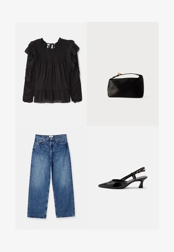 Zwarte blouse met ruches, gesmokte textuur bij de bovenkant, lange mouwen en een gelaagde zoom met doorzichtige stofdetails.; Lichtblauwe wijde spijkerbroek van denim, met een klassiek vijf-pocket ontwerp, zichtbare stiksels en een middelhoge tailleband.; Zwarte lakleren slingback kitten heel schoen met spitse neus en verstelbare gouden gespsluiting op een witte achtergrond.; Zwarte satijnen pouch tas met een ronde vorm, een handvat bovenop en een gouden sluiting. Soepele textuur met een minimalistisch ontwerp.