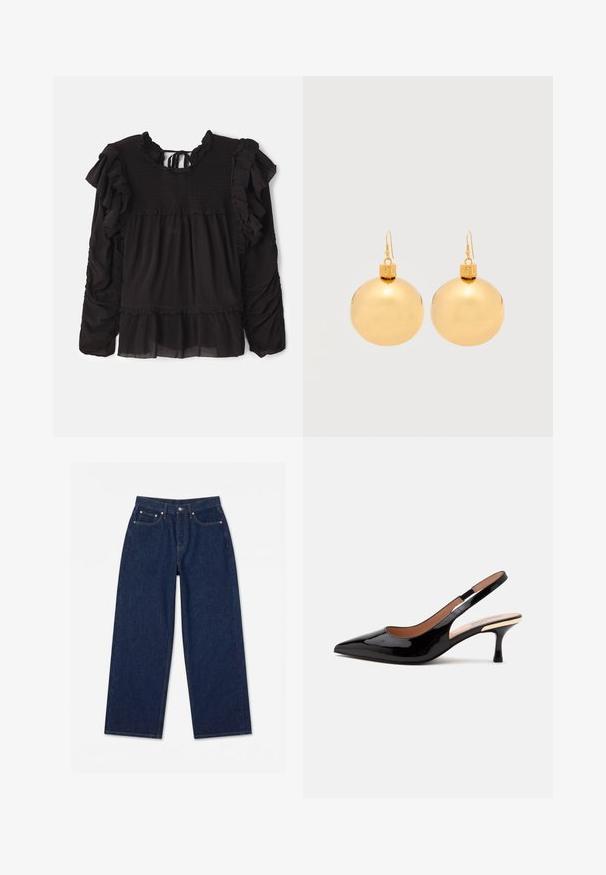 Zwarte blouse met ruches, gesmokte textuur bij de bovenkant, lange mouwen en een gelaagde zoom met doorzichtige stofdetails.; Donkerblauwe jeans met wijde pijpen, voorzijde met knoopsluiting, rits en vijfzakkenontwerp, plat gelegd op een witte achtergrond.; Zwarte lakleren slingback pump met puntige neus en lage kittenheel op een eenvoudige witte achtergrond.; Een paar glanzende gouden kerstbal-oorbellen met haaksluitingen op een effen witte achtergrond.