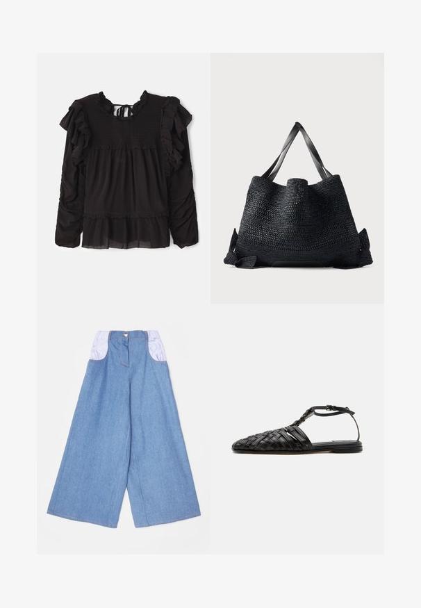 Zwarte blouse met ruches, gesmokte textuur bij de bovenkant, lange mouwen en een gelaagde zoom met doorzichtige stofdetails.; Wijduitlopende denim broek in lichtblauw met contrasterende lichtpaarse elastische zakken. Voorzien van een knoopsluiting aan de voorkant en zichtbare naaddetails.; Zwarte platte lederen sandaal met gevlochten gesloten neus, enkelriem en gesp, afgebeeld op een witte achtergrond.; Grote zwarte geweven draagtas met brede platte handvatten en een open bovenkant, geplaatst tegen een effen lichte achtergrond.
