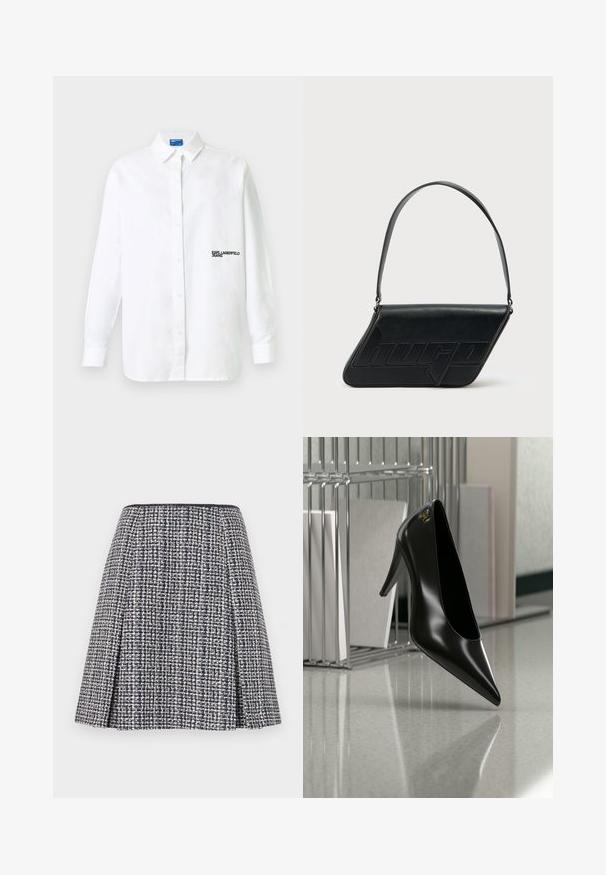 Biela košeľa s dlhými rukávmi na zapínanie na gombíky, s golierom a čiernym textovým logom "KARL LAGERFELD JEANS" na ľavej strane hrude.; Námornícky tweed sukňa s textúrnym vzorom, rozšírenou siluetou a záhybmi. Pás je čierny, čo zdôrazňuje dizajn sukne.; Čierna lodička na vysokom opätku so špicatou špičkou a zlatým logom, umiestnená na lesklej ploche vedľa chrómového drôteného organizéra na dokumenty.; Čierna kožená taška cez rameno v trojuholníkovom tvare, s vyrazeným logom a jedným nastaviteľným pásikom. Minimalistický dizajn s hladkou textúrou.