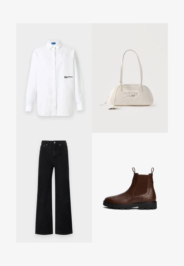 Valge pika varrukaga nööbitav särk kraega, vasakul rinnal must kirjaga "KARL LAGERFELD JEANS" logo.; Red Bull Racing x Pepe Jeans STRAIGHT FIT - Wide leg - blue denim; Pruuni nahast Chelsea saapad elastsete külgpaanide, sikutustapiga, musta kummitald ja kuldse logo detailiga küljel. Sile tekstuur.; Kreemivärvi ristkülikukujuline õlakott pikkade rihmadega, ees hõbedane "tommy jeans" logo ja tõmblukule kinnitatud rippuv silt.