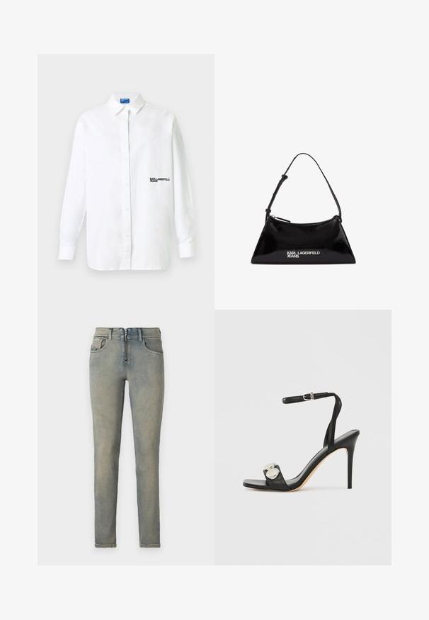 Valge pika varrukaga nööbitav särk kraega, vasakul rinnal must kirjaga "KARL LAGERFELD JEANS" logo.; Kitsad teksad heleda sinise denimi värviga, millel on eesneed, viis taskut ja pleekinud pesu koos peente värvitoonide erinevustega.; Mustad kõrge kontsaga sandaal pahkluu rihmaga, millel on sile nahast pealis, ruudukujuline nina ja kaks metallist ümarat aksenti.; Must mustril nahkainest käekott kolmnurkse kujuga, millel on ülemine tõmblukk ja reguleeritav rihm. Hõbedane logo "KARL LAGERFELD JEANS".