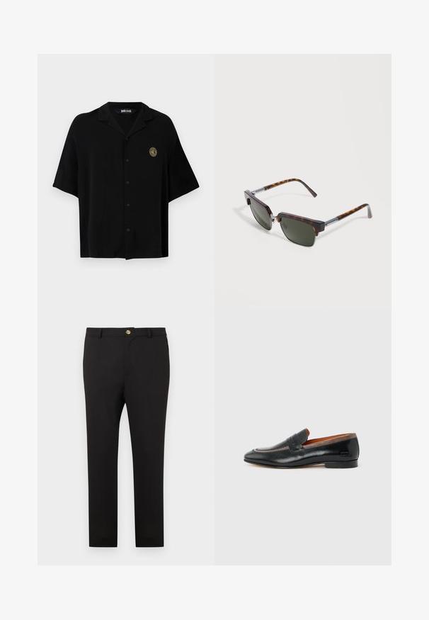 Chemise noire manches courtes à boutons avec col et petit logo circulaire doré et blanc sur la poitrine gauche, marqué "Just Cavalli" à l'intérieur du col.; Pantalon noir coupe slim avec fermeture à boutons dorés et passants pour ceinture, présenté sur un fond blanc uni.; Mocassin pour hommes en cuir noir avec garniture marron, détails cousus, et petit talon sur un fond clair uni.; Lunettes de soleil de forme carrée avec montures en écaille de tortue et verres teintés foncés reposant sur une surface blanche.