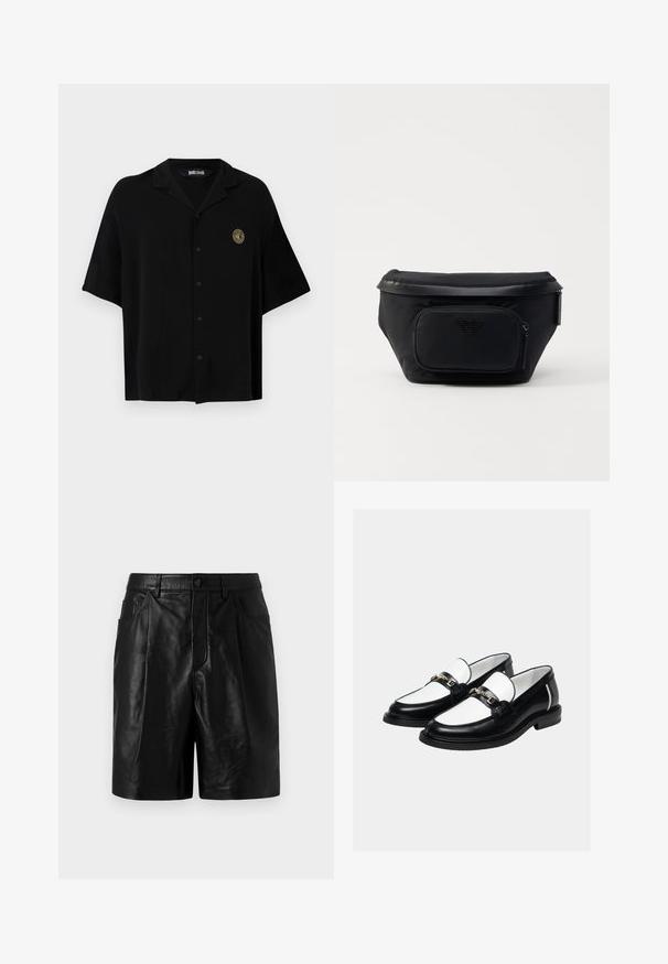 Chemise noire manches courtes à boutons avec col et petit logo circulaire doré et blanc sur la poitrine gauche, marqué "Just Cavalli" à l'intérieur du col.; Shorts en cuir noir à la coupe ajustée, dotés de deux poches avant, d'une fermeture à boutons et d'une texture lisse et brillante.; Paire de mocassins en cuir noir et blanc avec un détail de chaîne dorée sur le dessus, sur un fond clair uni.; Sac en nylon noir avec une poche zippée à l'avant, présentant une texture lisse et un accent de logo. Design structuré avec un rabat.