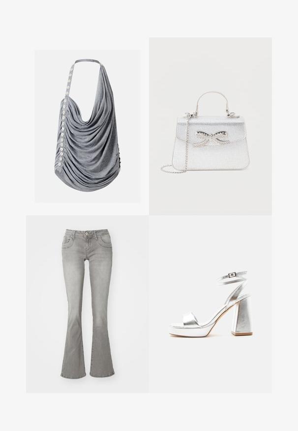 Top dos nu gris drapé avec des boutons blancs sur un côté et une coupe ample froncée.; Jeans gris évasés avec une taille mi-haute, poches avant et fermeture à bouton, fabriqués en denim avec une texture lisse.; Sandale à talon haut métallique argenté avec bride à la cheville, talon bloc et bout ouvert sur un fond clair uni.; Petit sac à main argenté avec une anse supérieure, une bandoulière chaîne et un nœud décoratif avec des strass sur le rabat avant.