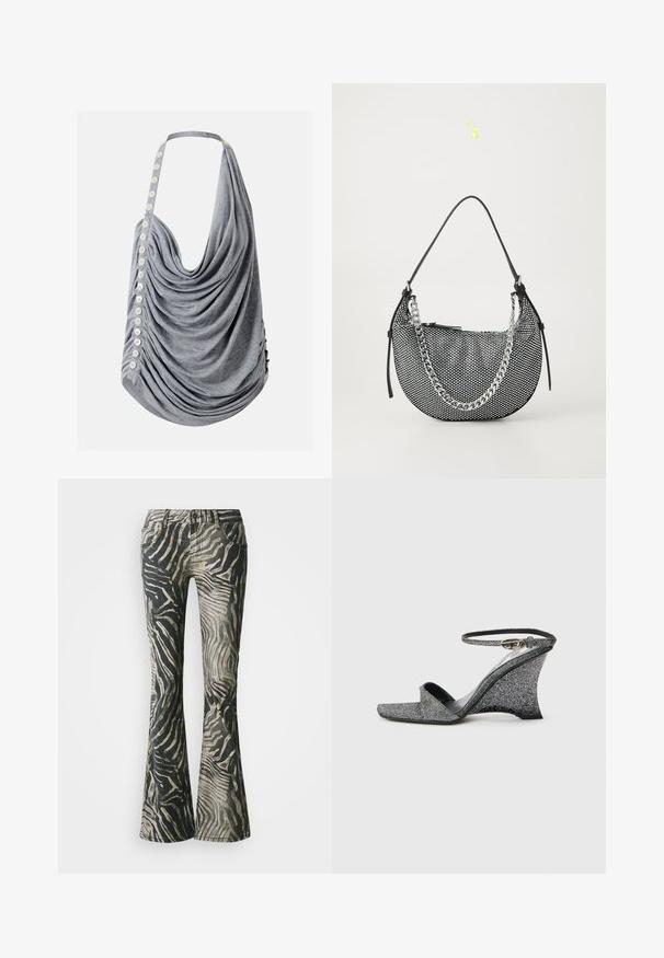 Top dos nu gris drapé avec des boutons blancs sur un côté et une coupe ample froncée.; Jean évasés avec un motif zèbre noir et beige, en denim, dotés d'un design à cinq poches et de détails de couture visibles.; Sandale compensée pailletée argentée avec bout ouvert, bride à la cheville et boucle dorée, vue de côté sur un fond clair uni.; Sac à main en mesh noir de forme croissant, avec une bandoulière en chaîne argentée et des accents en cuir noir. Surface texturée avec une fermeture éclair.