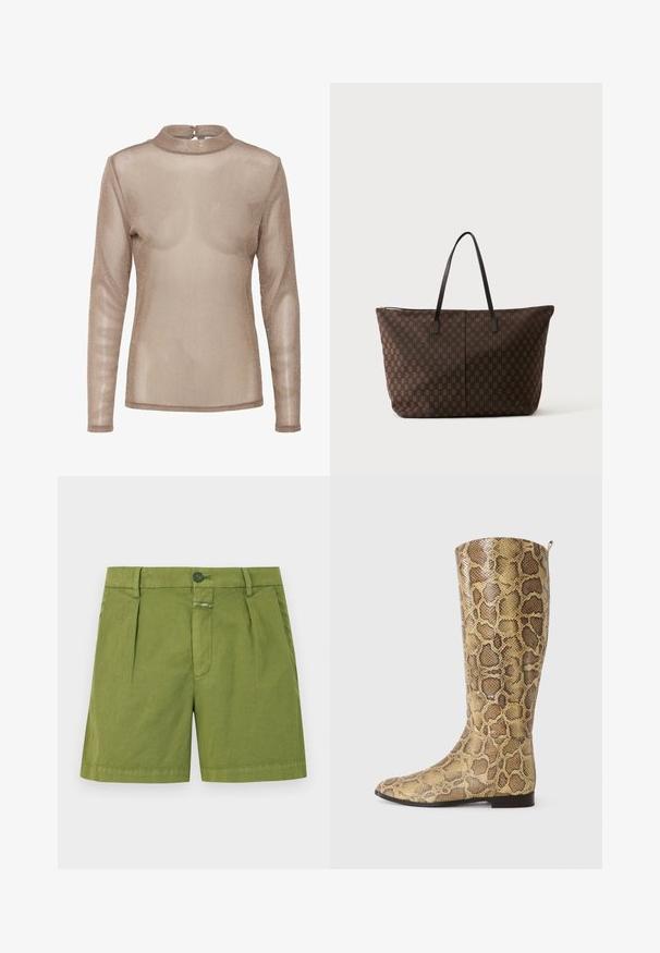 Haut à manches longues et transparent de couleur marron clair avec un léger effet brillant. Il présente un col haut et une fermeture à boutons au dos. Texture douce et légère.; Shorts en coton vert à texture lisse, dotés d'une fermeture à bouton, de plis avant et d'une coupe droite.; Bottes jusqu'aux genoux avec un design en imprimé serpent et un motif texturé marron doré, présentant une semelle plate et une discrète languette en haut.; Grand sac cabas marron avec un motif à carreaux et des bretelles noires fines, debout sur un fond clair uni.