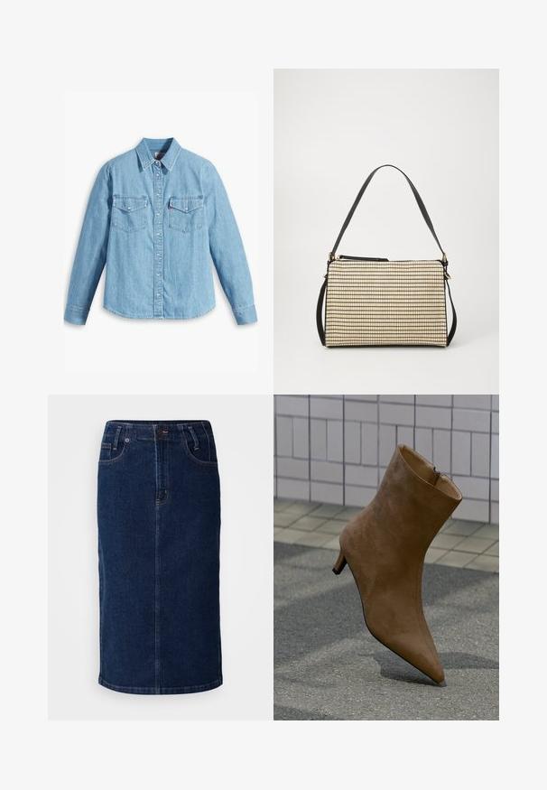 Helles blaues Denimhemd mit langen Ärmeln, spitzem Kragen, zwei Brusttaschen, Knopfleiste und subtiler Struktur. Keine sichtbaren Muster.; Denim-Midikleid in Dunkelblau mit geradem Schnitt, vorderen Taschen und kontrastierenden orangenen Nähten. Glatte Textur mit minimalen Details.; Brauner Stiefelette aus Wildleder mit spitz zulaufender Zehenpartie, Reißverschluss und niedrigem Stiletto-Absatz, präsentiert vor einem strukturierten Hintergrund.; Tasche mit rechteckiger Form und einem strukturierten Gold- und Schwarzmuster. Sie hat einen schwarzen Schulterriemen und goldene Hardware-Details.