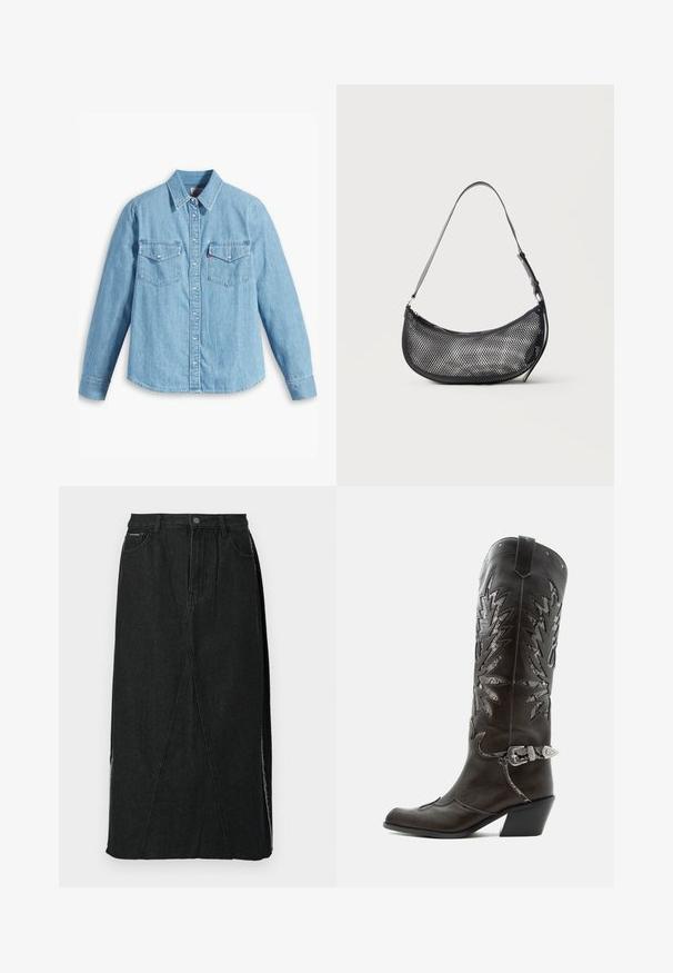 Lichtblauwe spijker blouse met lange mouwen, puntige kraag, twee borstzakken, knoopsluiting en subtiele textuur. Geen zichtbare patronen.; Zwarte spijkerrok met een hoge taille, rechte snit en unieke schuine naden. Voorzien van zijsplitten en een knoopsluiting in de taille.; Zwarte leren cowboylaars met decoratieve uitsnijdingen, zilveren gesp en schuine hak, weergegeven op een witte achtergrond.; Kleine zwarte mesh schoudertas in halve maanvorm met verstelbare dunne band, tegen een effen lichte achtergrond.
