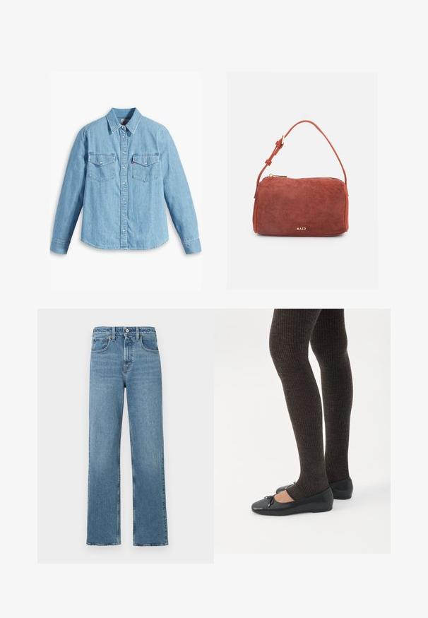 Lyseblå denimskjorte med lange ærmer, spidse krave, to brystlommer, knaplukning og subtil tekstur. Ingen synlige mønstre.; Blå højtaljede lige ben denim jeans med forreste knap og lommer på en hvid baggrund.; Ben iført mørke ribbede leggings kombineret med sorte balletsko med små sløjfedetaljer på hvid baggrund.; Brun ruskind rektangulær håndtaske med justerbar rem og gyldent lynlås, mærket "RAID" i små gyldne bogstaver foran.